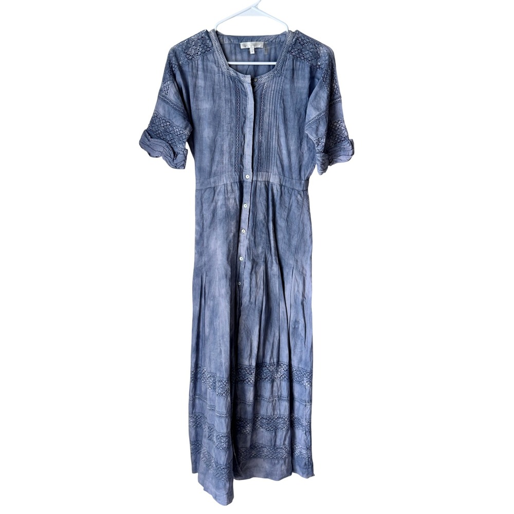 LoveShackFancy Blue Cloud Wash Cotton Lace Midi Dress XS Bohemian Pintuck